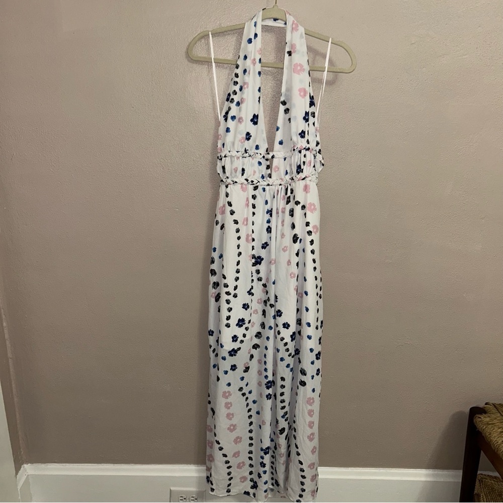 Aqua White Halter Maxi Dress with Blue Floral Dots - Picture 2 of 6